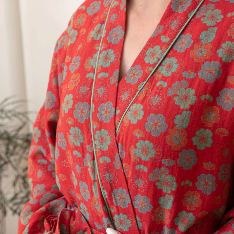 Cotton Bathrobe | Double-Layer Soft Fabric | Plum Blossom Pattern