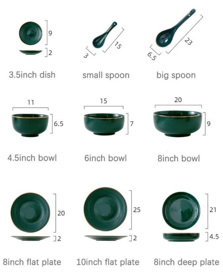 Ocula Dinnerware Set | Fine Porcelain with Gold Rim | Green, 4-8 Persons