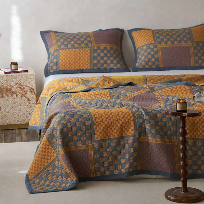 Cotton Gauze Quilt Set | 100% Organic Cotton | Retro Print with Pillowcases