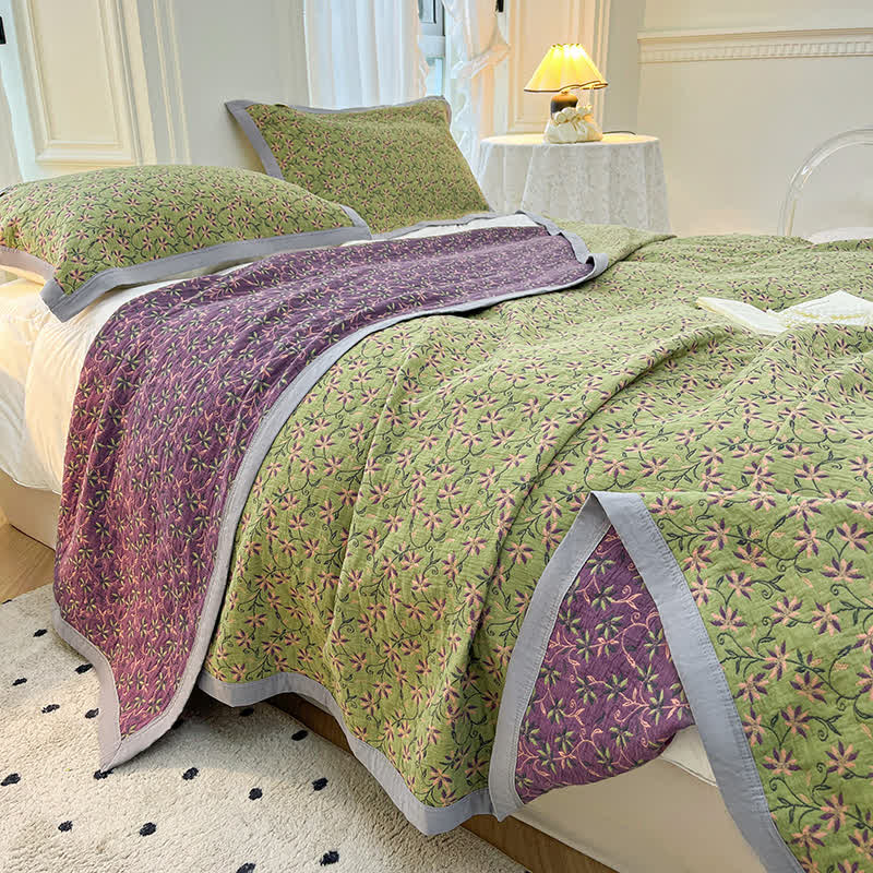 Pure Cotton Quilted Coverlet | Floral Design | Available in Full, Queen, King Sizes