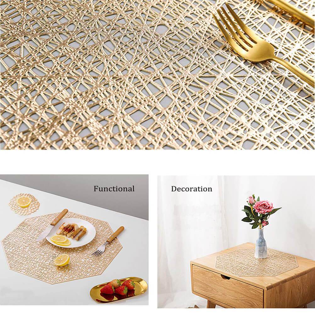 Vinyl Placemats and Coasters Set | Gold Octagonal Design | 6 Pieces