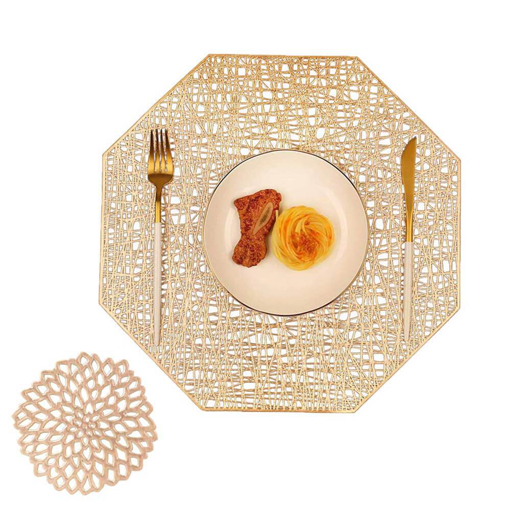Vinyl Placemats and Coasters Set | Gold Octagonal Design | 6 Pieces