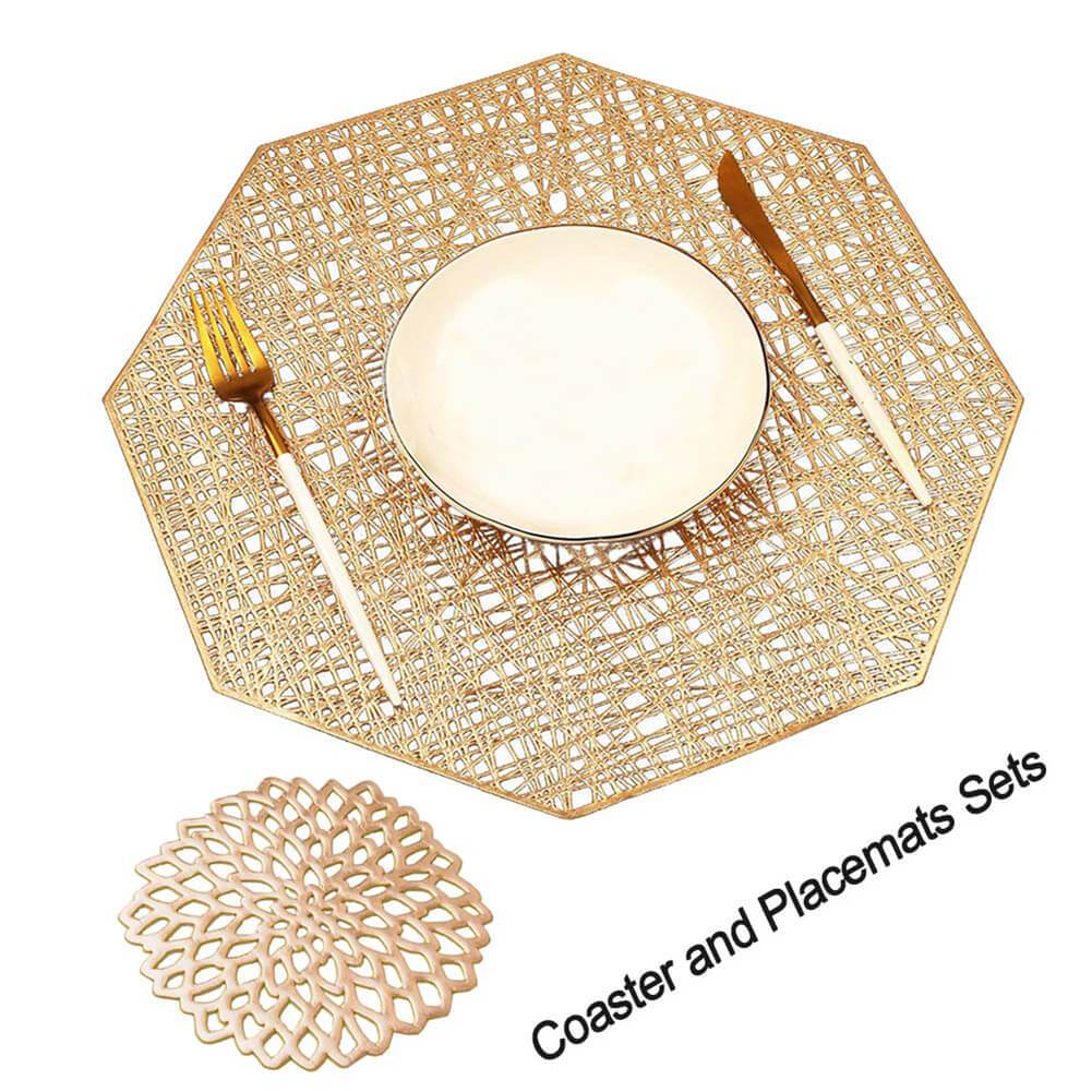 Vinyl Placemats and Coasters Set | Gold Octagonal Design | 6 Pieces