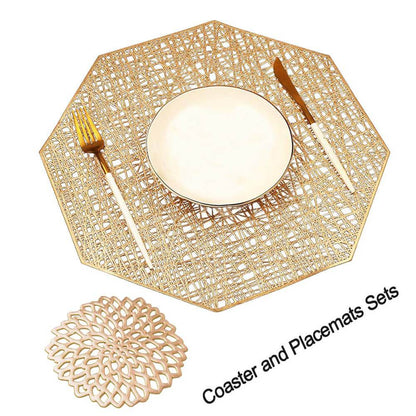 Vinyl Placemats and Coasters Set | Gold Octagonal Design | 6 Pieces