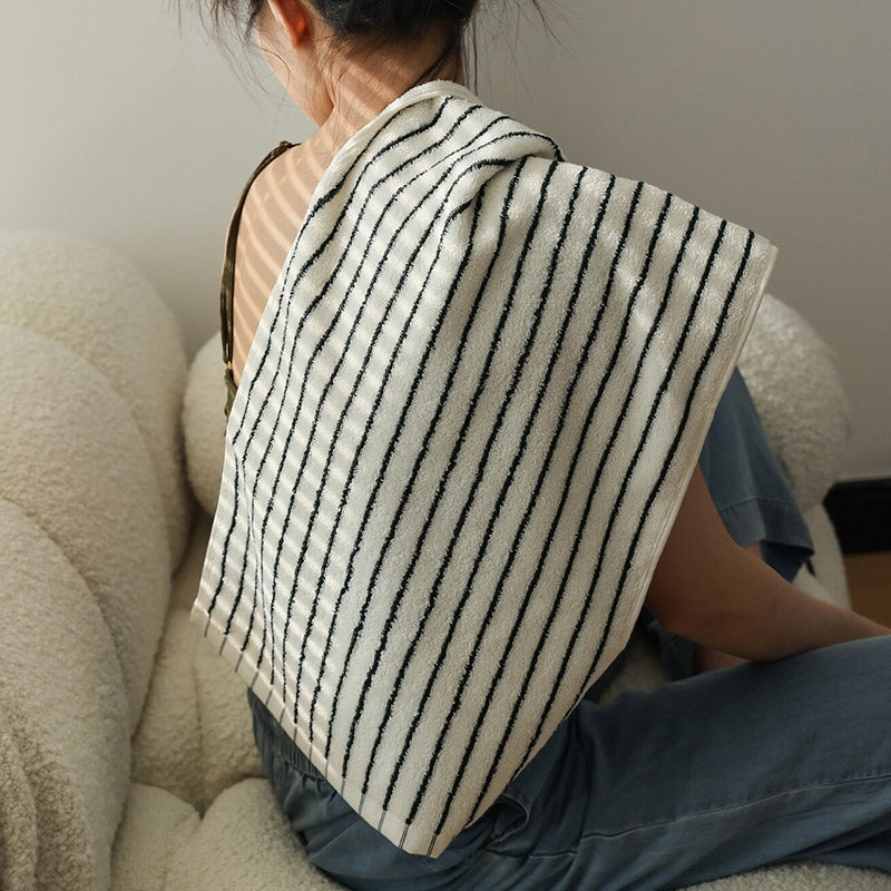 Breathable Cotton Bath Towel | White & Black Striped | 70cm x 140cm
