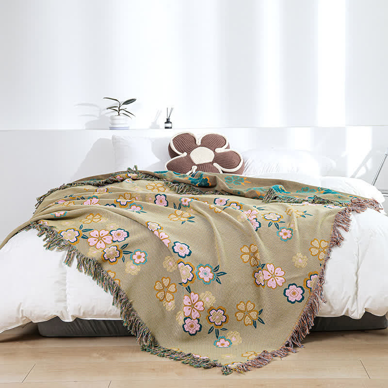 Blooming Flowers Soft Tassel Blanket | Pure Cotton | Full Size 59"W x 79"L