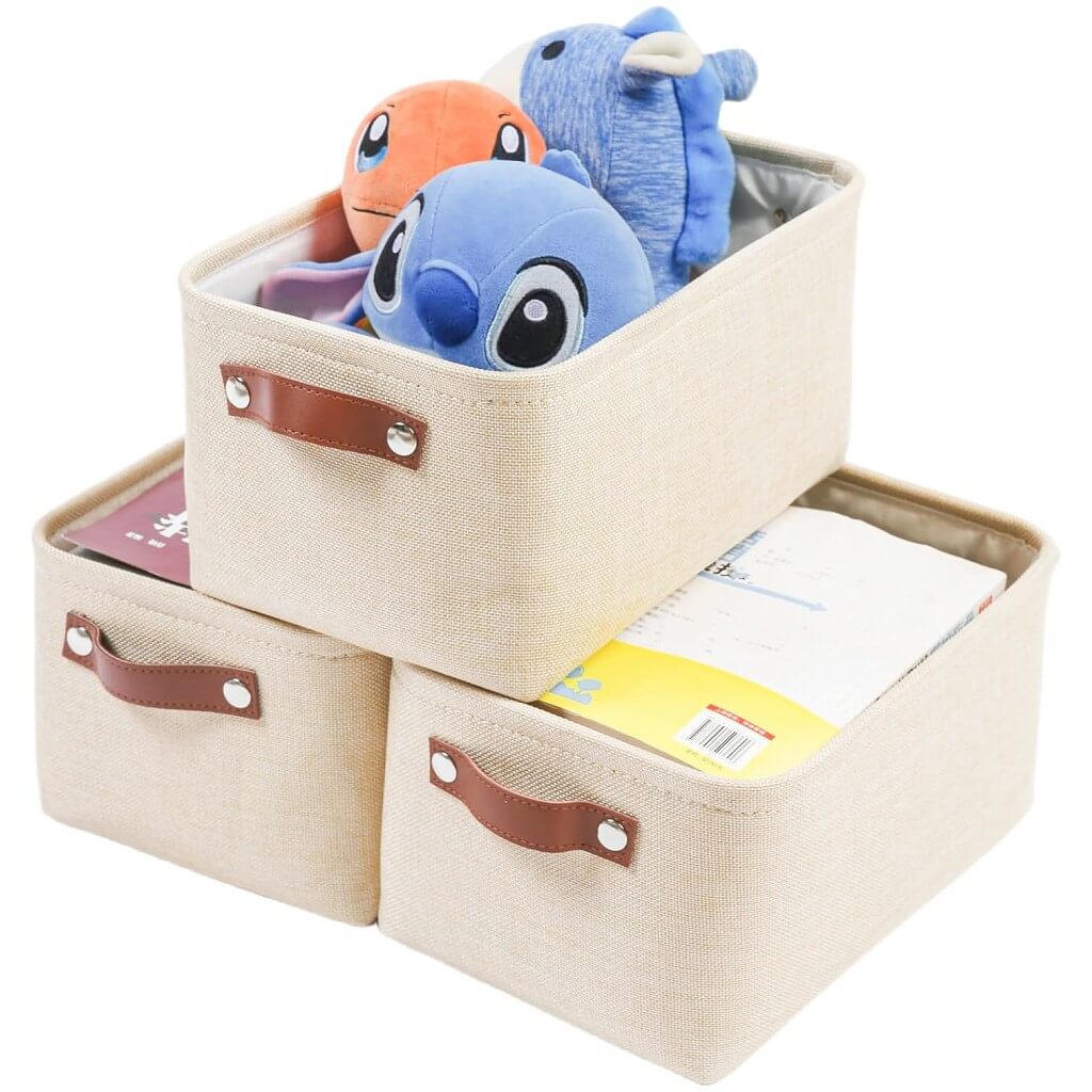 Collapsible Storage Box | Durable Linen with Leather Handles | Beige