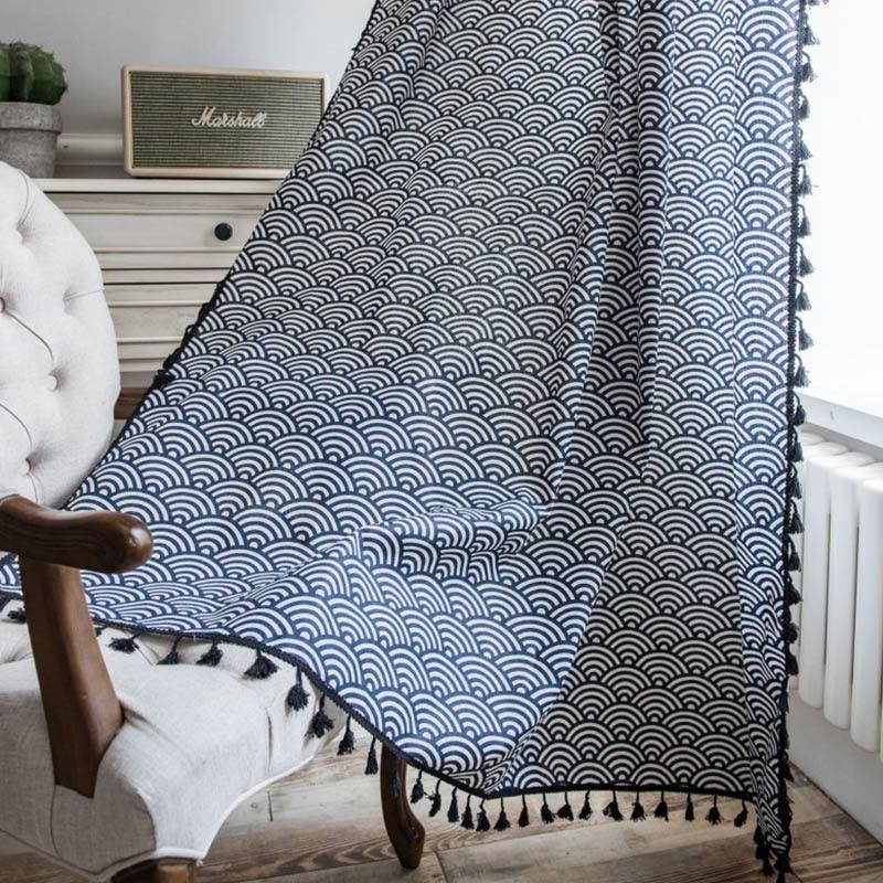Navy Blue Fish Scale Semi-Blockout Curtain | Soft Cotton Fabric | 59"W x 63"-102"L