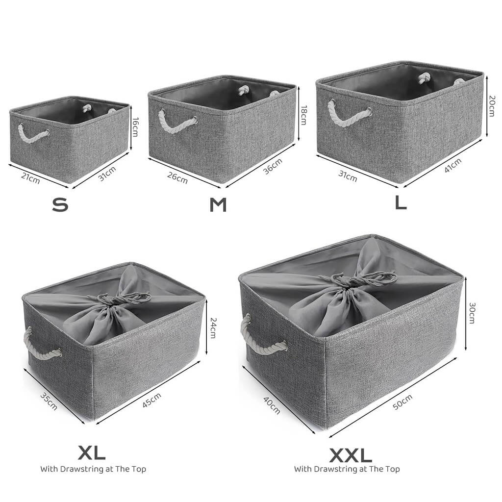 Grey Storage Baskets | Durable Fabric with Rope Handles | Set of 3 Sizes