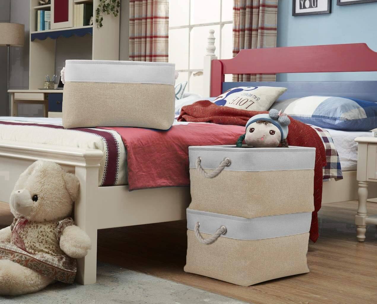 Fabric Storage Baskets | White & Khaki Rope Handles | Set of 5
