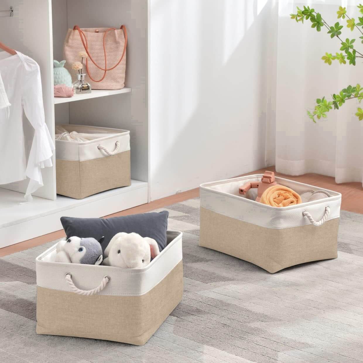 Fabric Storage Baskets | White & Khaki Rope Handles | Set of 5