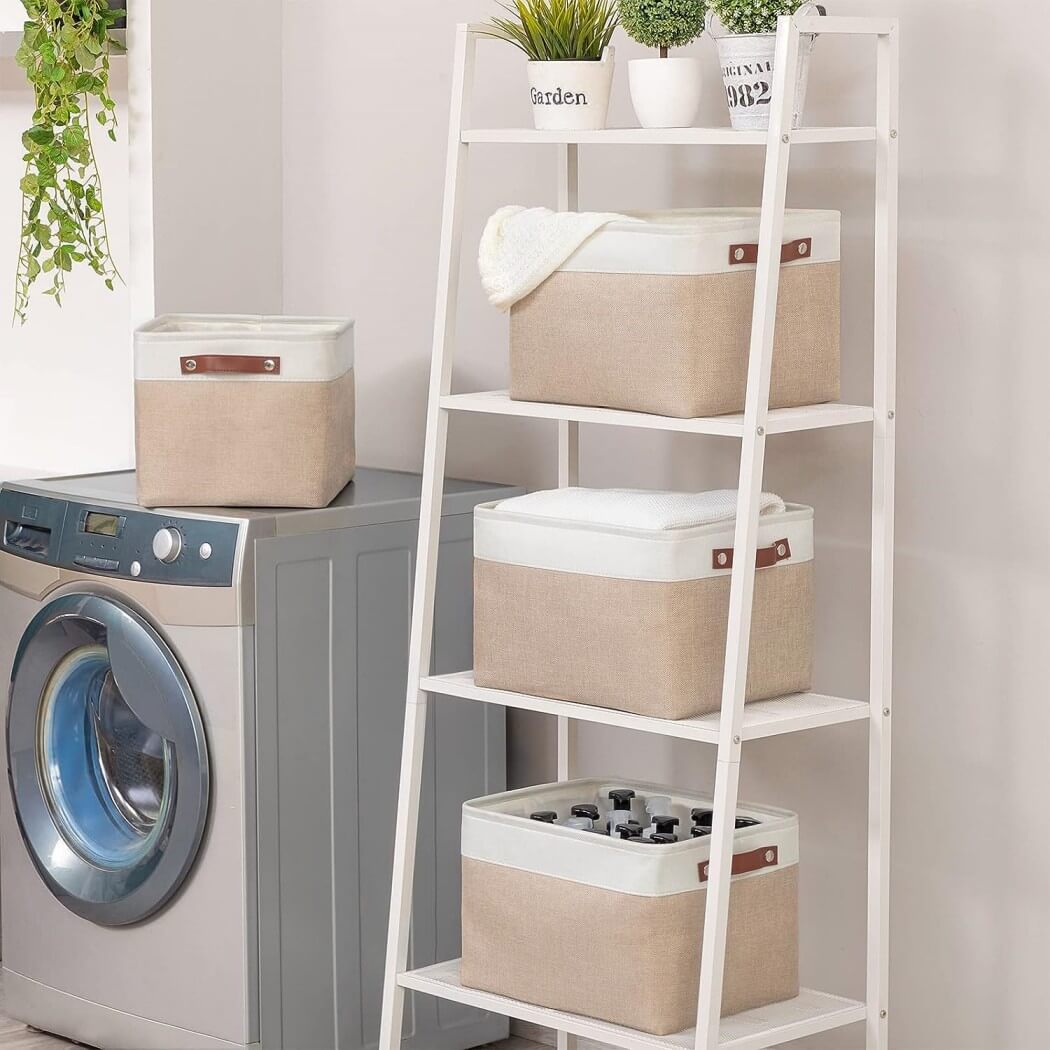 Fabric Storage Boxes | Collapsible with Leather Handles | Set of 3, White & Khaki