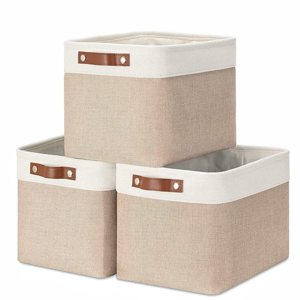 Fabric Storage Boxes | Collapsible with Leather Handles | Set of 3, White & Khaki