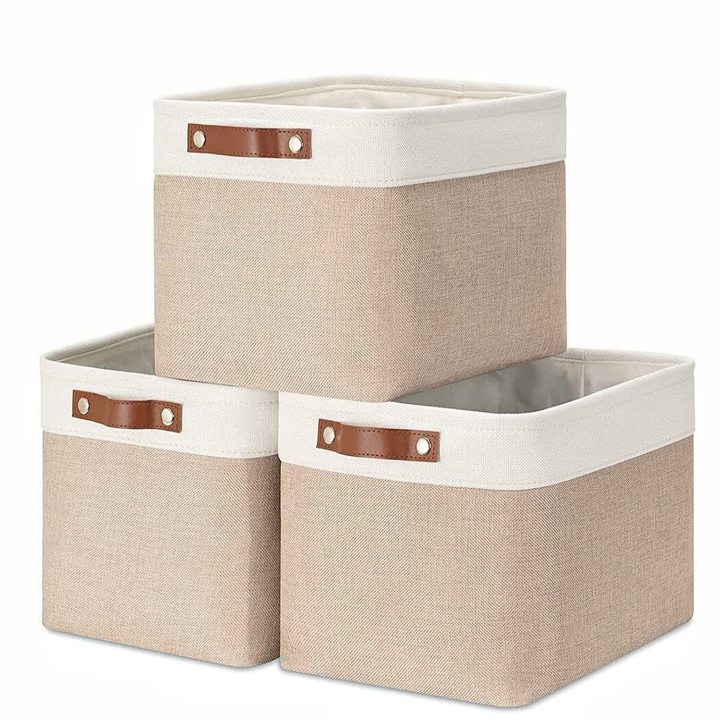 Fabric Storage Boxes | Collapsible with Leather Handles | Set of 3, White & Khaki