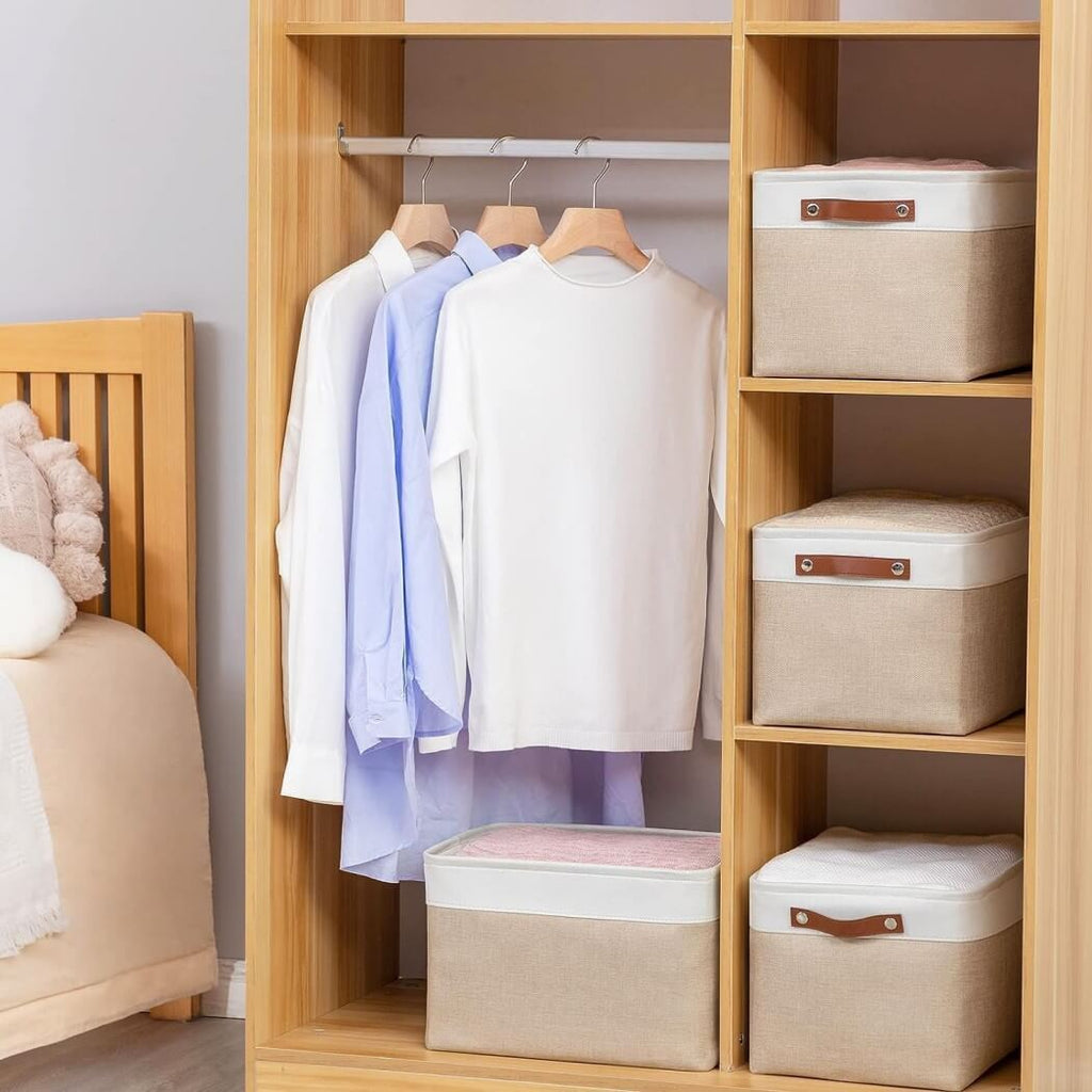 Fabric Storage Boxes | Collapsible with Leather Handles | Set of 3, White & Khaki