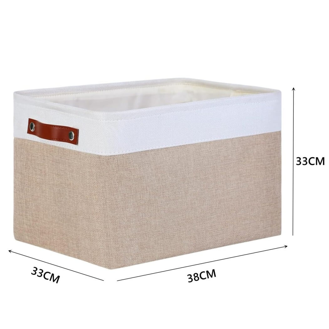 Fabric Storage Boxes | Collapsible with Leather Handles | Set of 3, White & Khaki