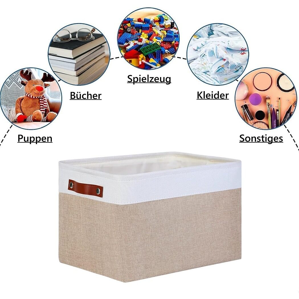 Fabric Storage Boxes | Collapsible with Leather Handles | Set of 3, White & Khaki