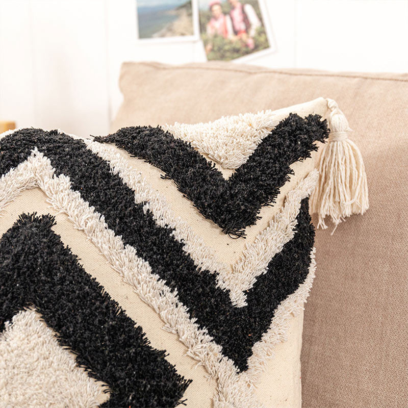 Morocco Jacquard Pillow Cover | Cotton with Tassels | Neutral Color