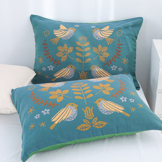 Boho Cotton Pillowcases | Flower and Bird Design | Set of 2