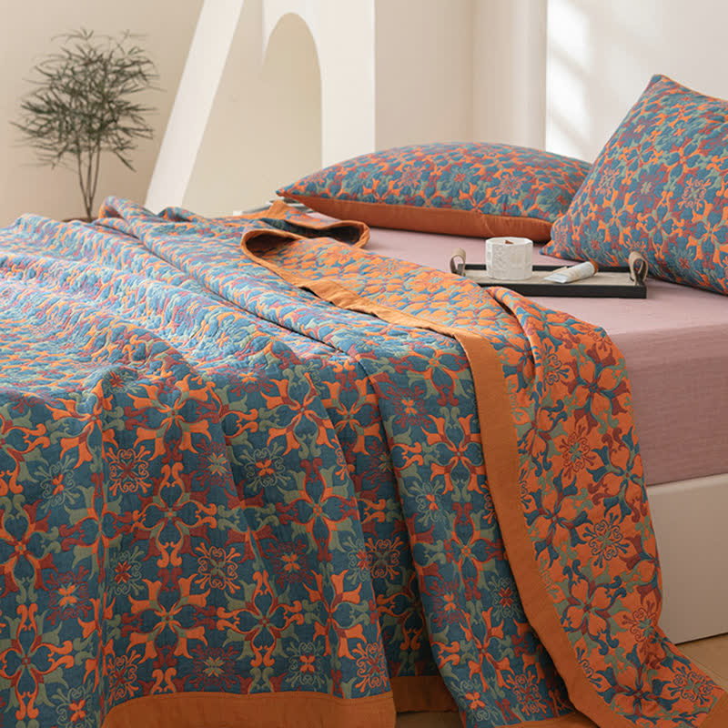 Cotton Quilt Set | Reversible Orange & Blue | 1 Quilt & 2 Pillowcases