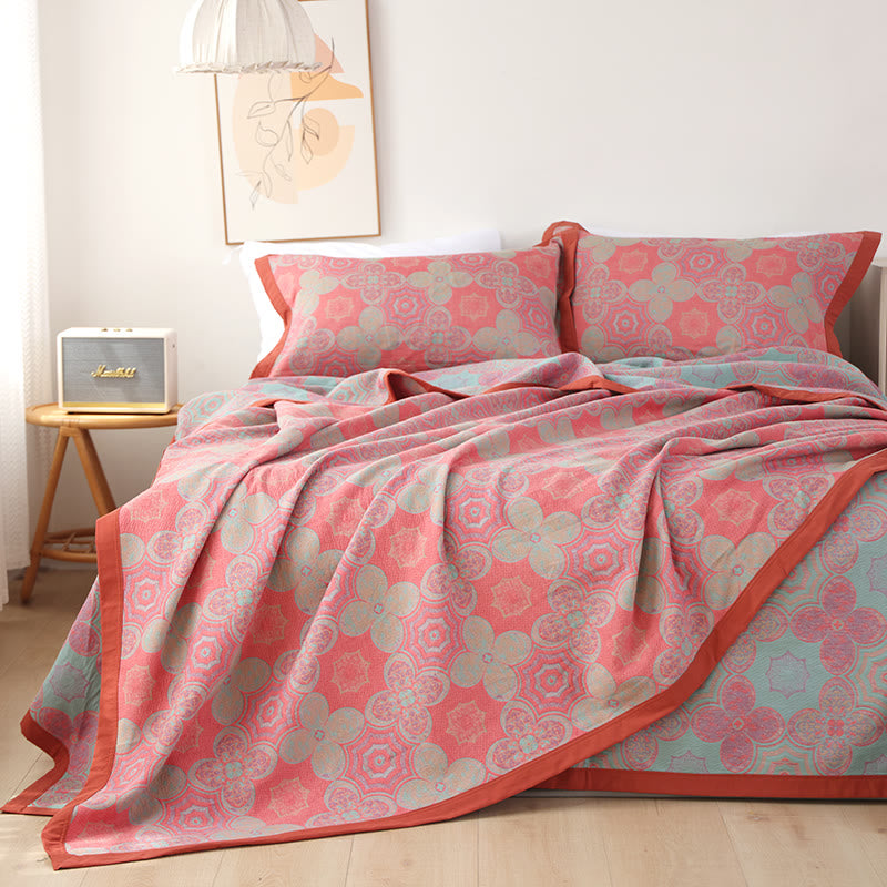 Reversible Cotton Gauze Quilt | Embroidered Flower Pattern | Available in Full, Queen, King Sizes