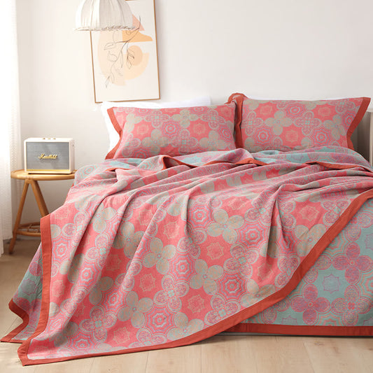 Reversible Cotton Gauze Quilt | Embroidered Flower Pattern | Available in Full, Queen, King Sizes