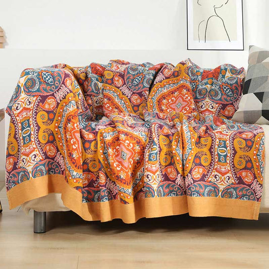 Boho Reversible Sofa Blanket | 95% Cotton | Orange, Full Size 59"W x 79"L