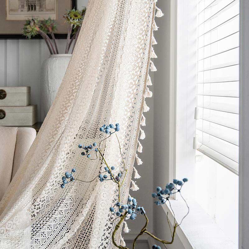 Cotton Beige Bohemian Curtain | Hollow-Out Tassel Design | 1 Piece