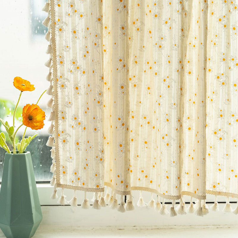 Beige Daisy Pattern Tier Curtain | Cotton Linen | 1 Piece