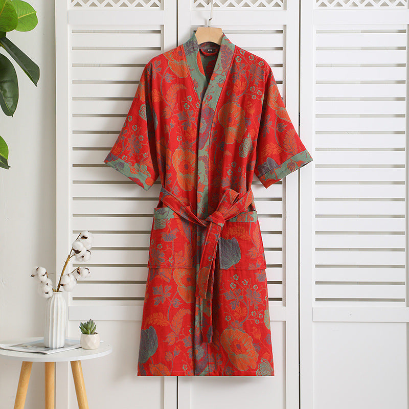 Floral Cotton Bathrobe | Breathable Double Layer Gauze | V-Neck Design