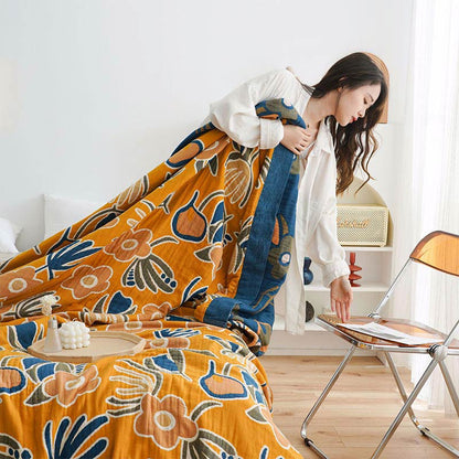 Yellow Flower Sofa Blanket | Soft Cotton Gauze | Reversible Design
