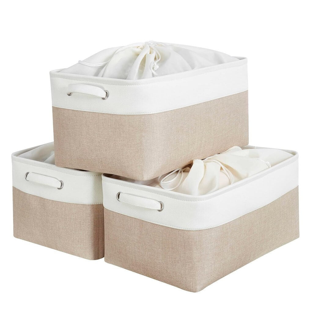 Canvas Storage Box Set | Linen & Cotton | Set of 3 | Grey White