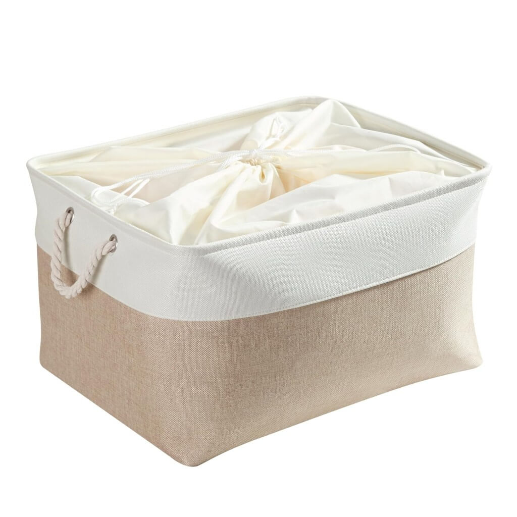 Fabric Storage Baskets | White & Khaki Rope Handles | Set of 5