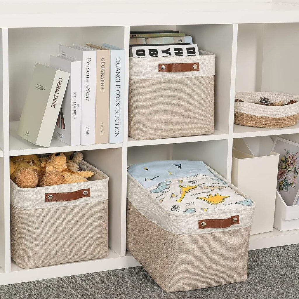 Fabric Storage Boxes | Collapsible with Leather Handles | Set of 3, White & Khaki