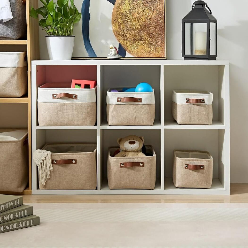 Collapsible Storage Box | Durable Linen with Leather Handles | Beige