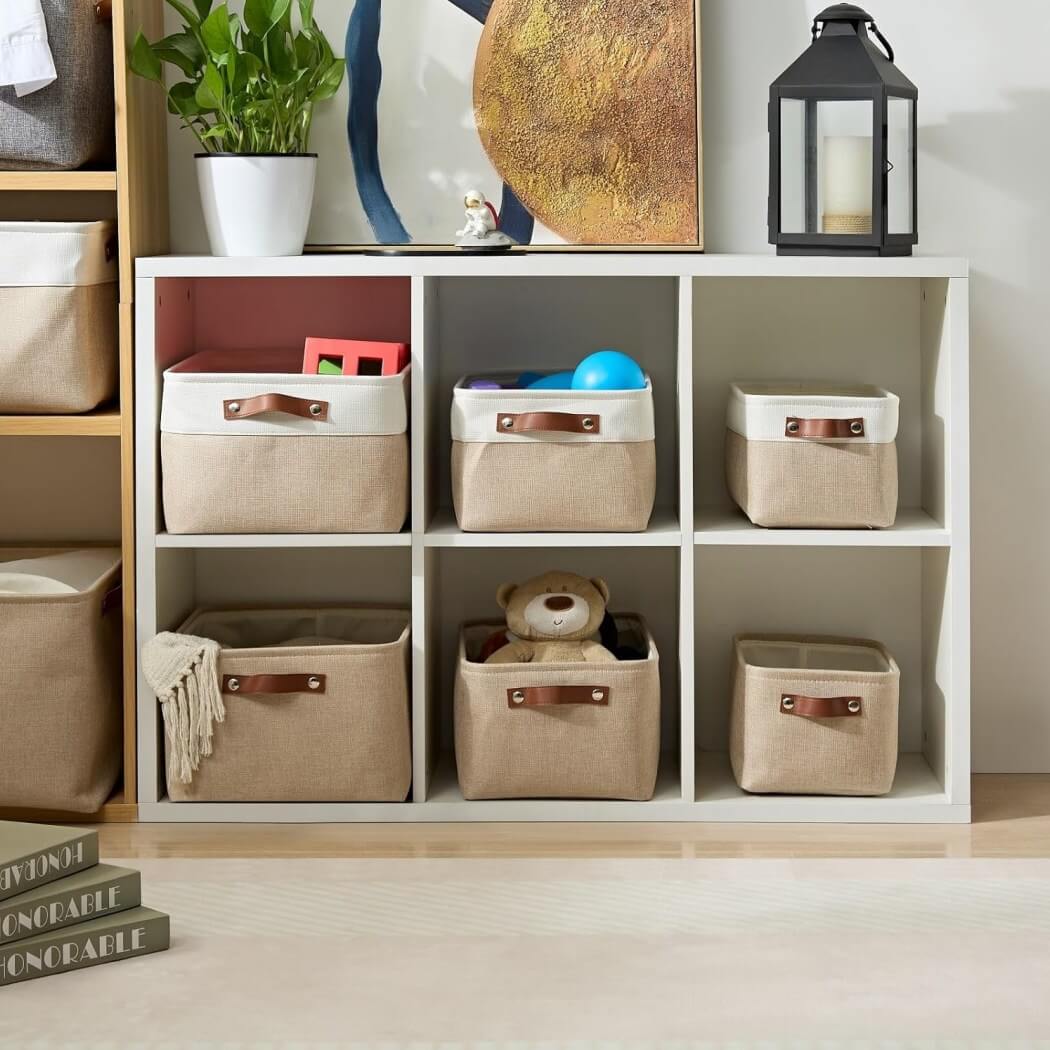 Collapsible Storage Box | Durable Linen with Leather Handles | Beige