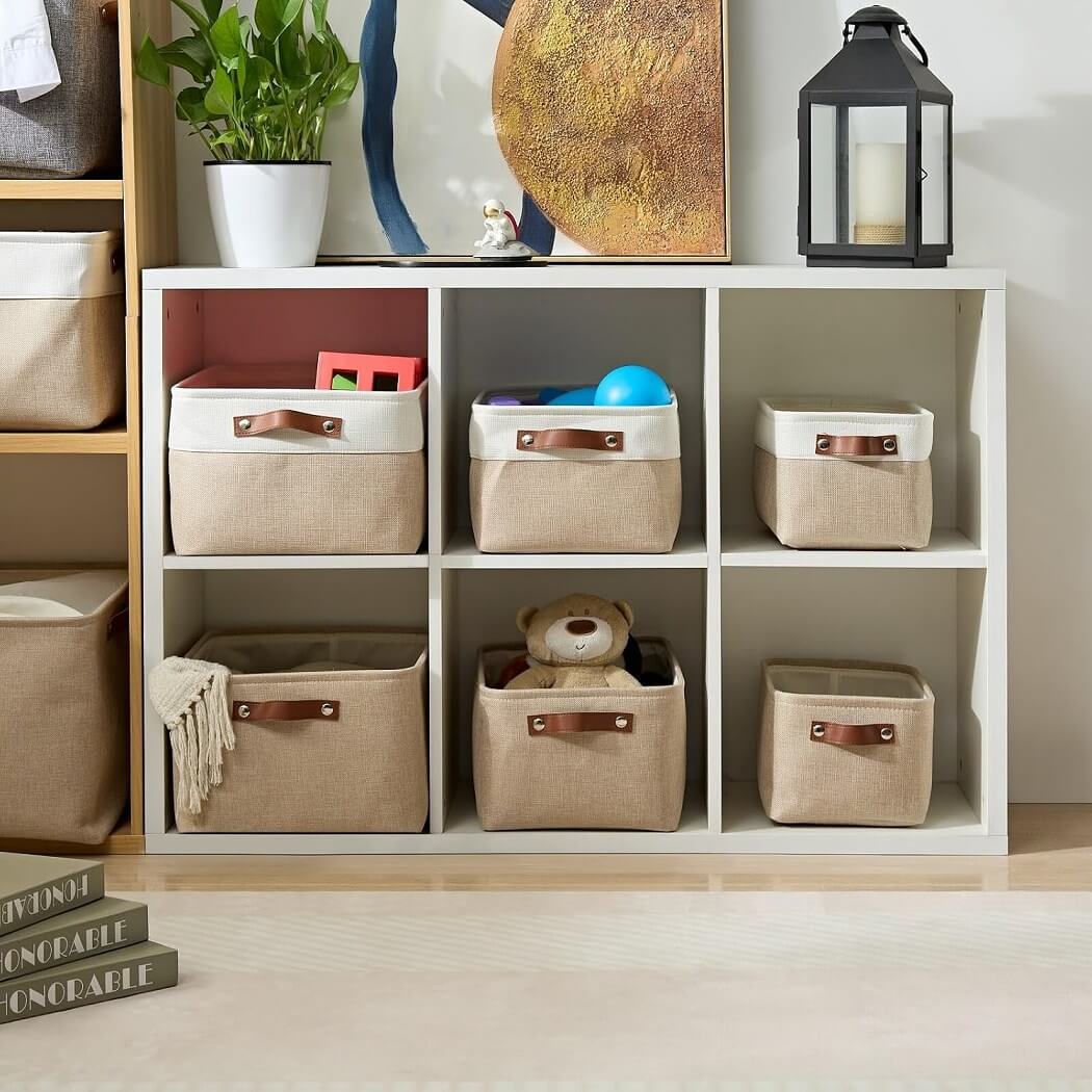Collapsible Storage Box | Durable Linen with Leather Handles | Beige