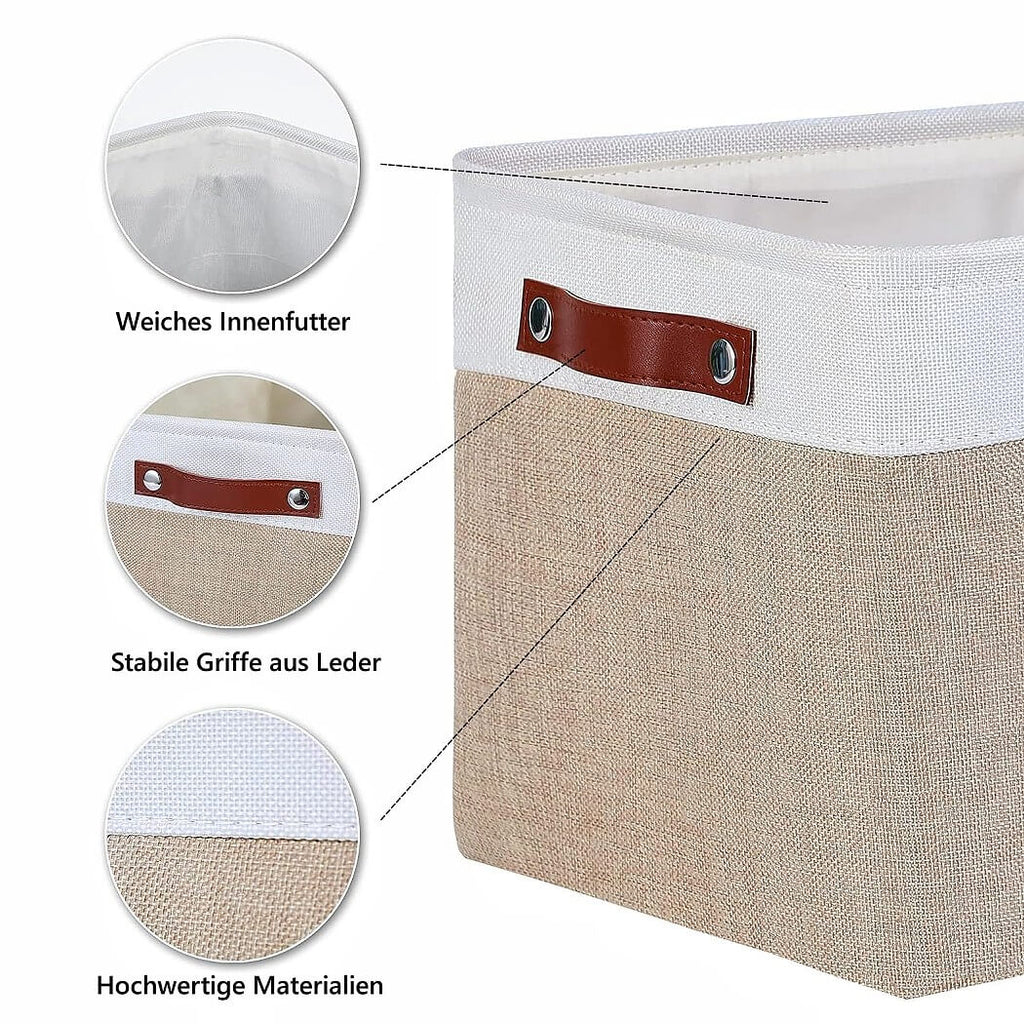 Fabric Storage Boxes | Collapsible with Leather Handles | Set of 3, White & Khaki