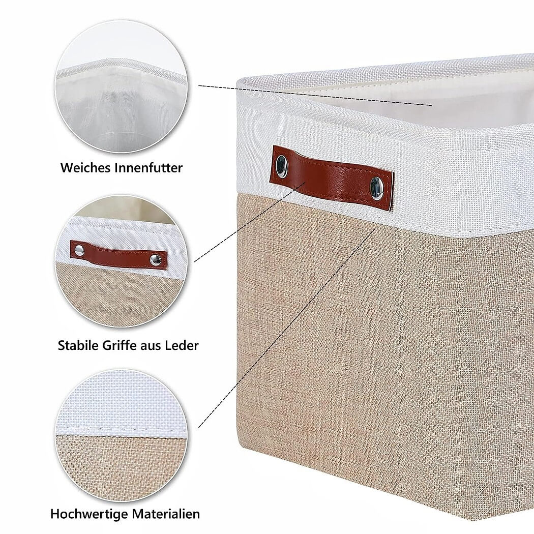 Fabric Storage Boxes | Collapsible with Leather Handles | Set of 3, White & Khaki