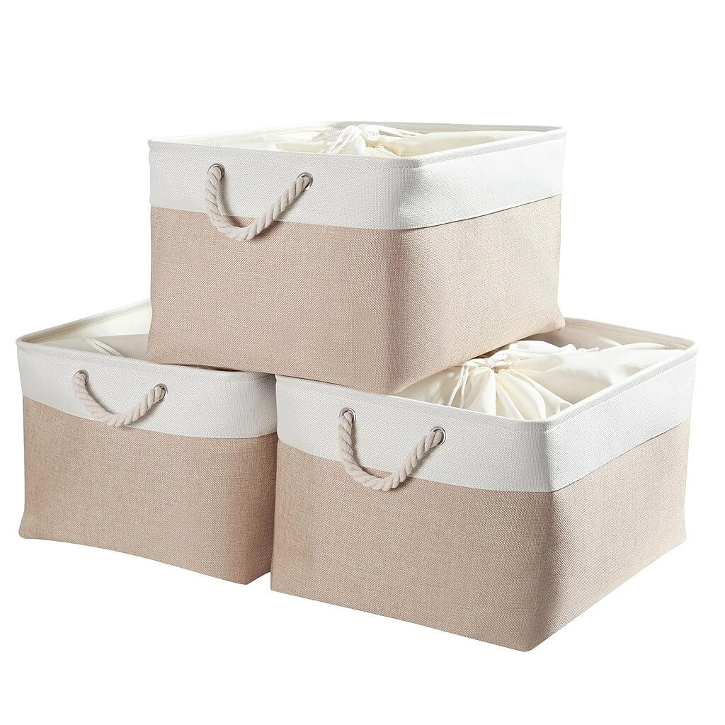 Fabric Storage Baskets | White & Khaki Rope Handles | Set of 5