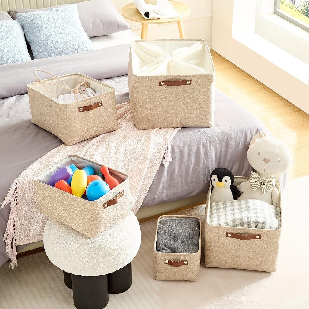 Collapsible Storage Box | Durable Linen with Leather Handles | Beige