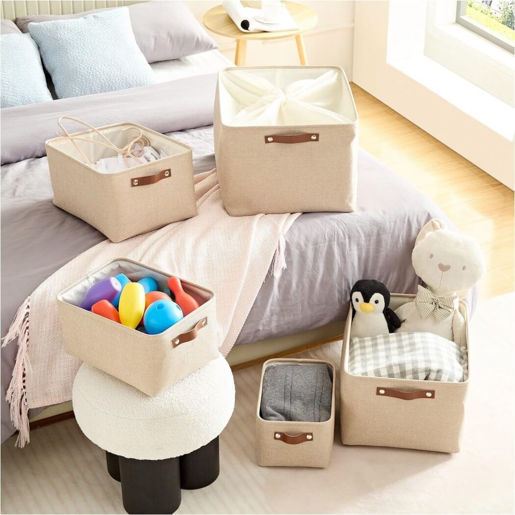 Collapsible Storage Box | Durable Linen with Leather Handles | Beige