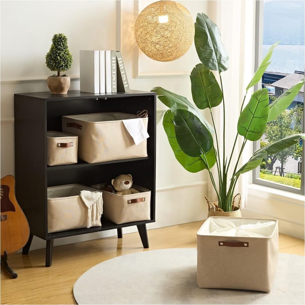 Collapsible Storage Box | Durable Linen with Leather Handles | Beige