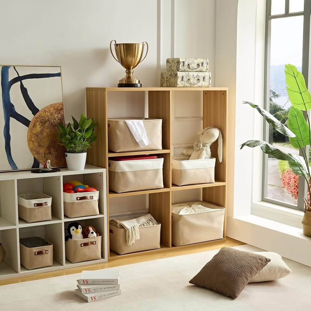 Collapsible Storage Box | Durable Linen with Leather Handles | Beige