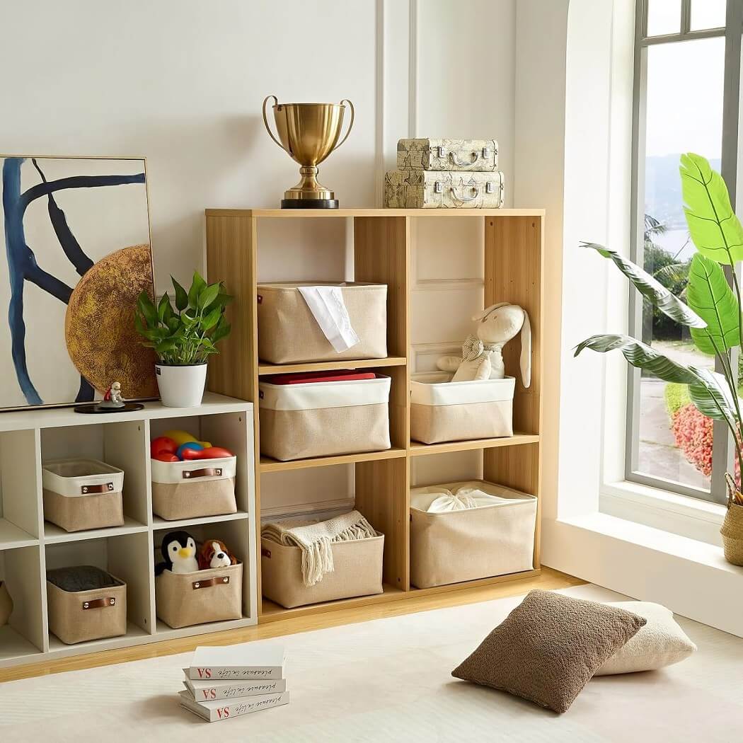Collapsible Storage Box | Durable Linen with Leather Handles | Beige