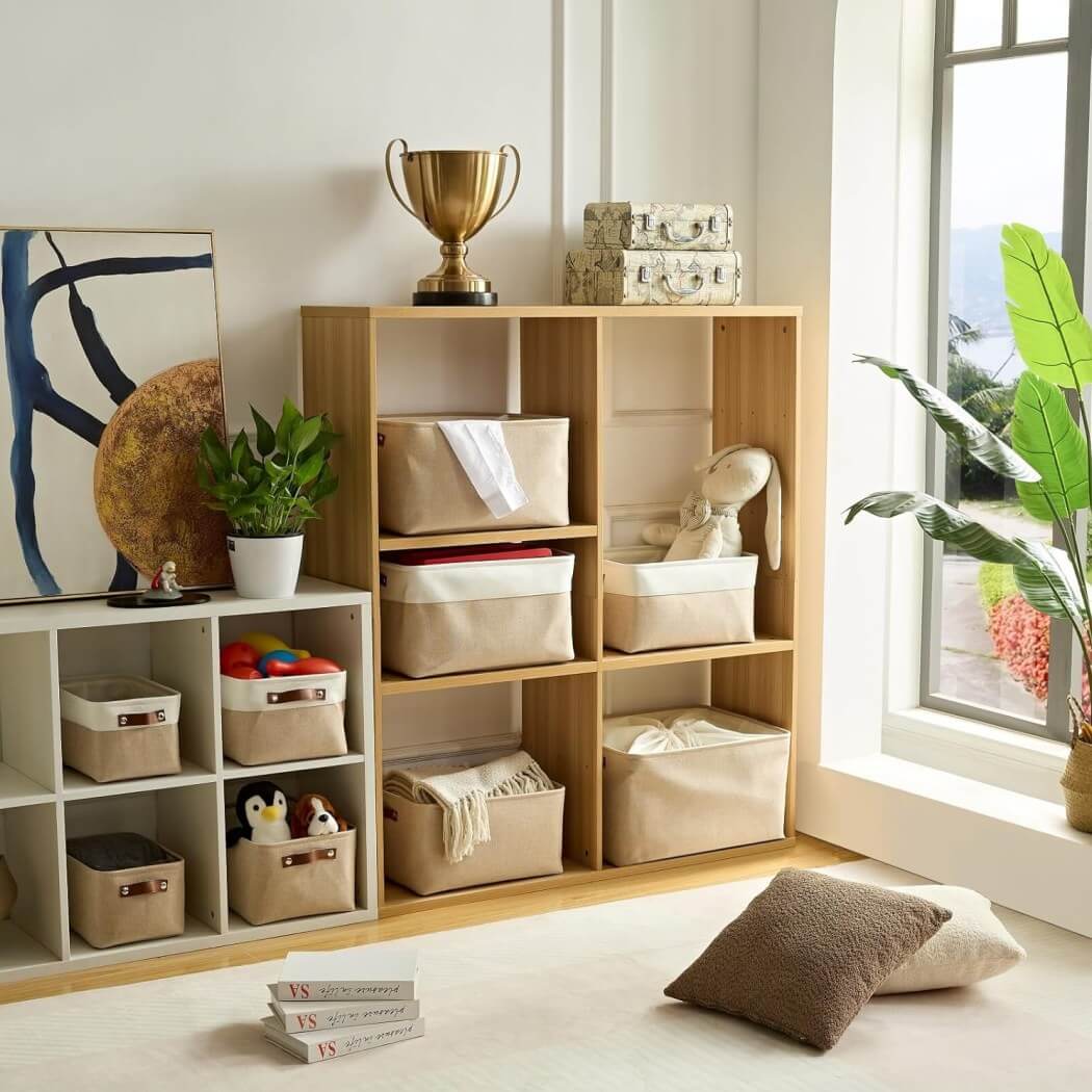 Collapsible Storage Box | Durable Linen with Leather Handles | Beige