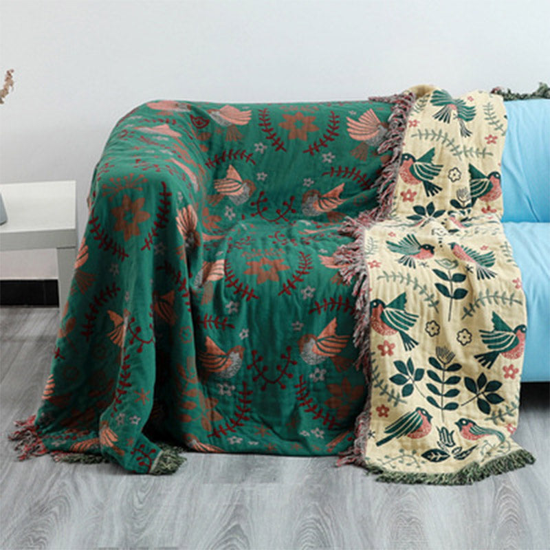 Boho Reversible Blanket | 100% Cotton | Floral and Bird Patterns
