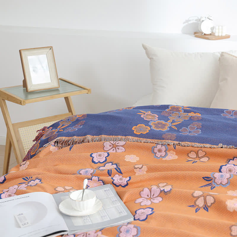 Blooming Flowers Soft Tassel Blanket | Pure Cotton | Full Size 59"W x 79"L