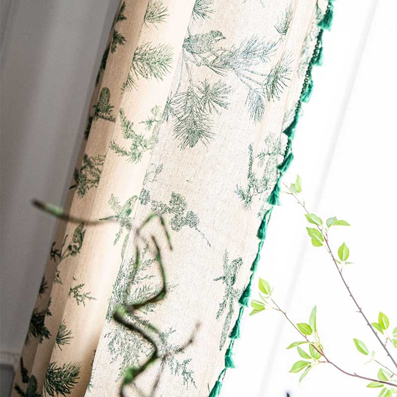 Green Pine Bird Pattern Curtain | Cotton Blend Fabric | Semi-Blackout Design