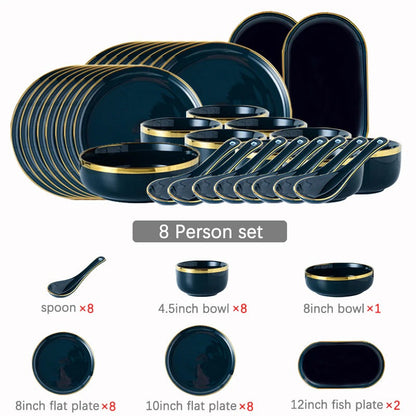 Oxford Blue Dinnerware Set | Fine Porcelain with Gold Rim | 4, 6, or 8 People